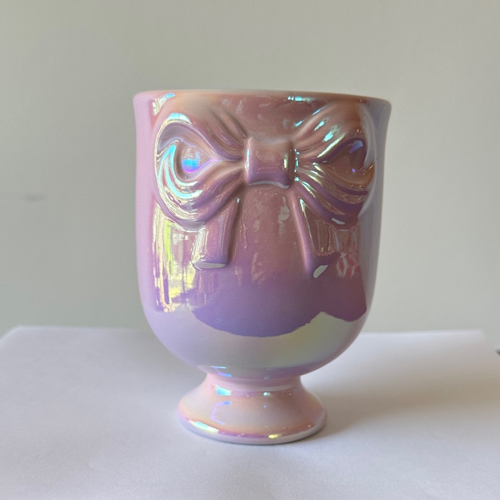 Iridescent Pink Ceramic Vase with Bow Design